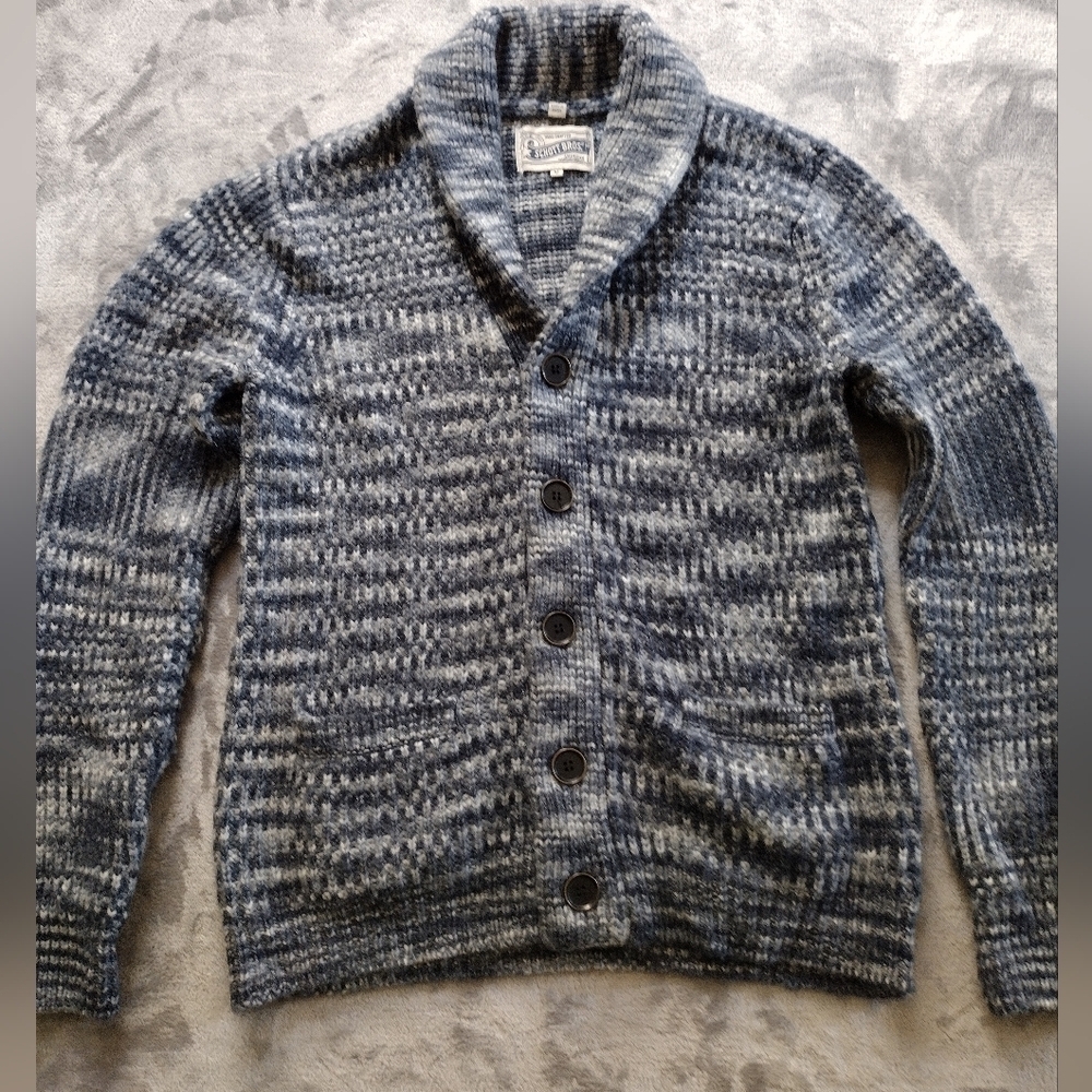 Schott Bros NYC Men's Wool Blend Cardigan Shawl Collar Heather Blue Medium